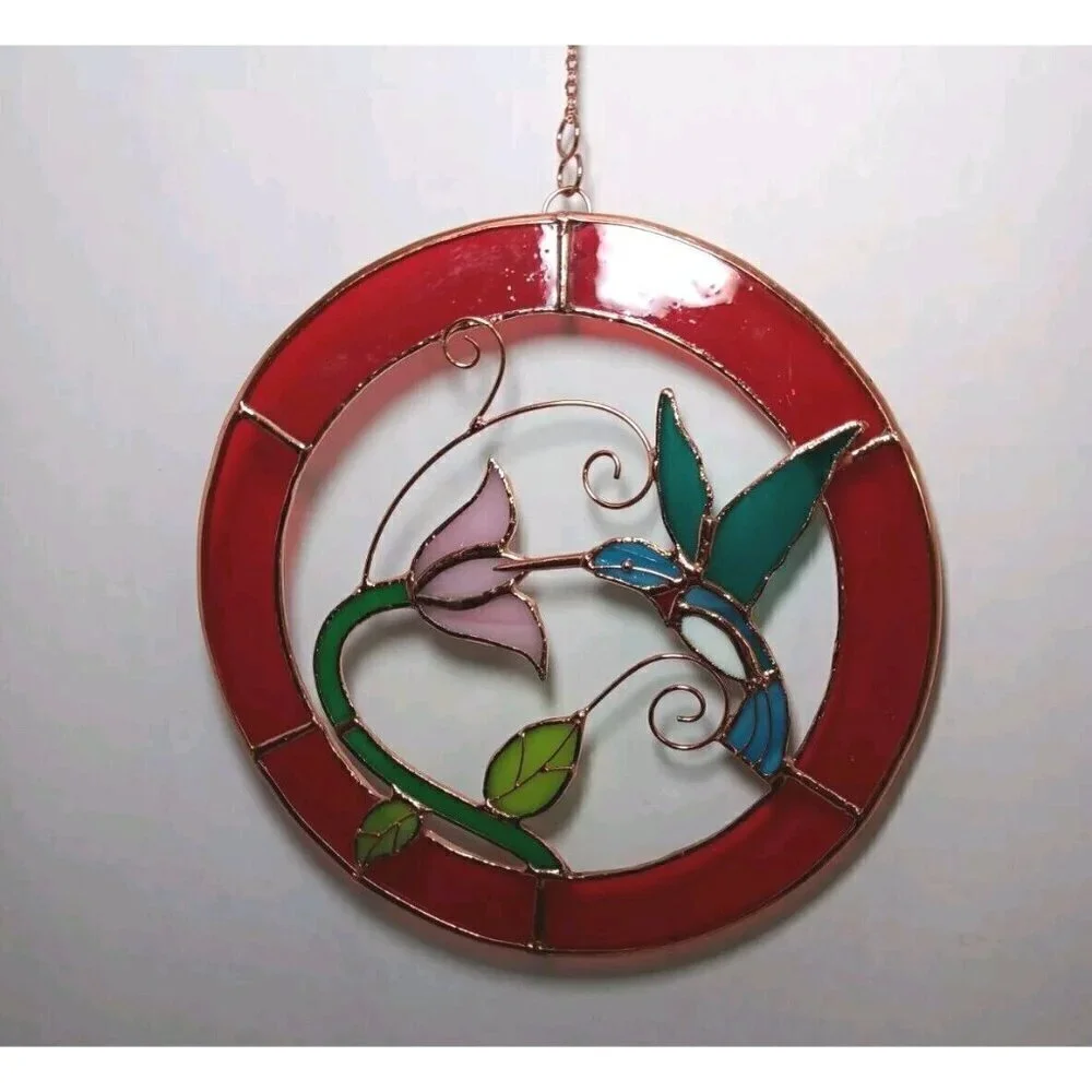 Stained Glass Small Hummingbird Red Circle Frame Window Panel